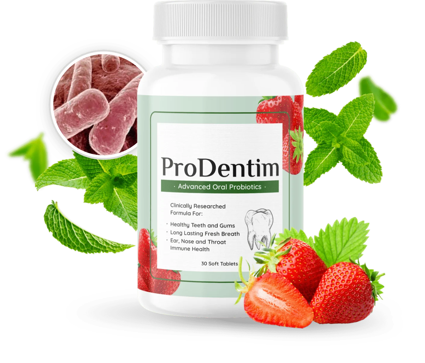 Official ProDentim bottle with strawberry and mint product artwork